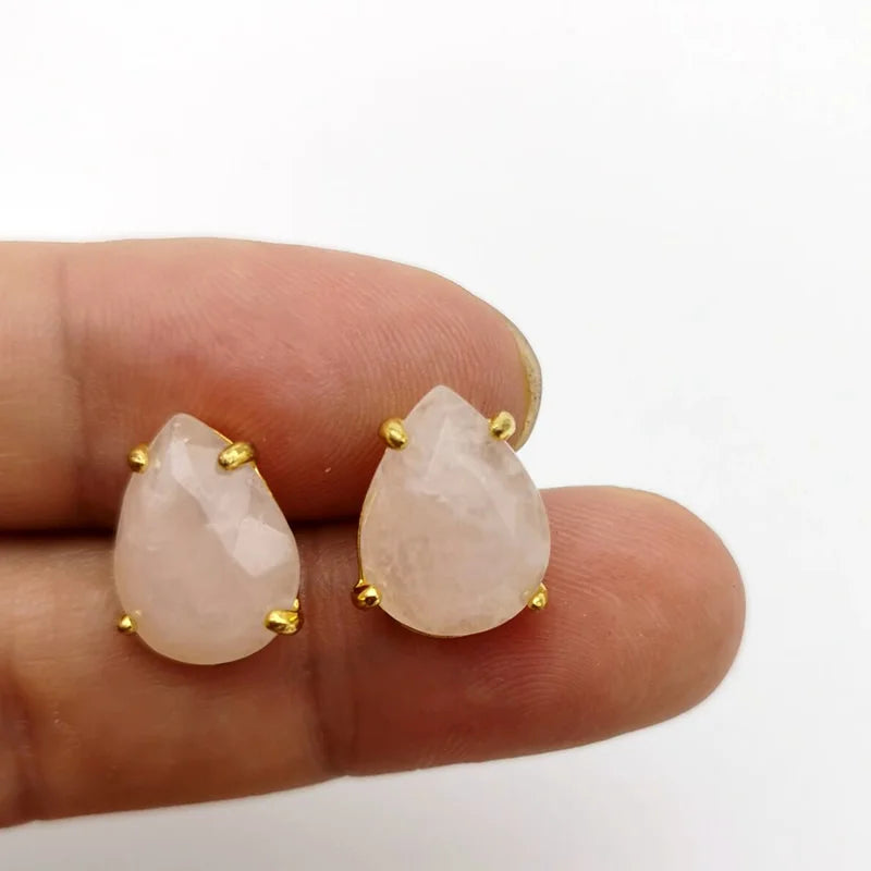 Water Drop Shape Stud Earrings Golden Color Natural Stone Faceted Pink Quartz Crystal Tiger Eye opal Healing Jewelry Female
