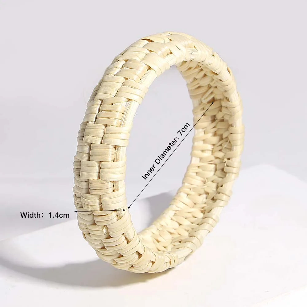 Amorcome Bohemian Wicker Rattan Weave Handmade Bangles Bracelets For Women Boho Chunky Beach Style Ladies Ethnic Straw Jewelry