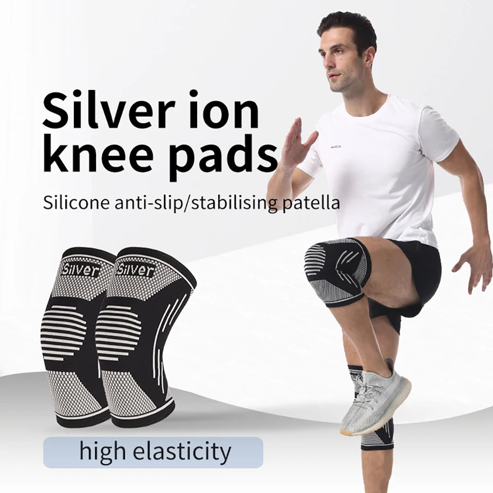 Knitted Knee Pads Elastic Compression Silver Fiber Silver Ion Tightly Wrapped Joint Pain Meniscus Injury Silicone Anti-slip