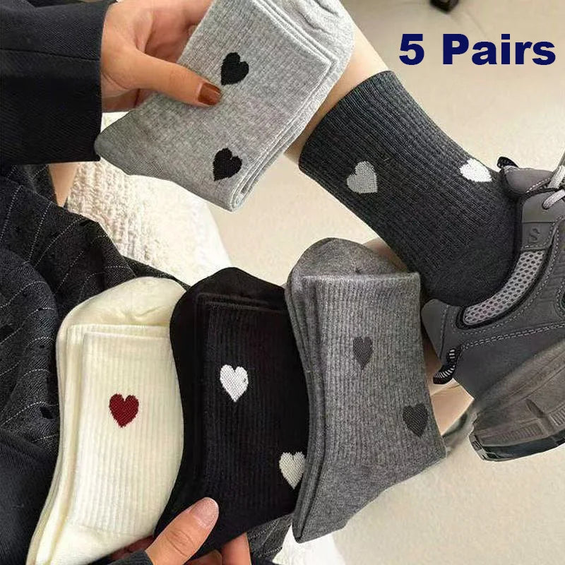5 Pairs Women's Cute Heart Shaped Mid Tube Socks Spring and Autumn New Ins Trendy Trendy Versatile High Beauty Duty Series Socks