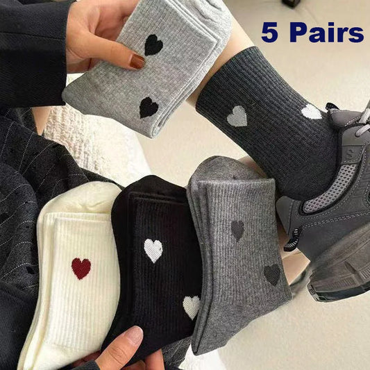 5 Pairs Women's Cute Heart Shaped Mid Tube Socks Spring and Autumn New Ins Trendy Trendy Versatile High Beauty Duty Series Socks