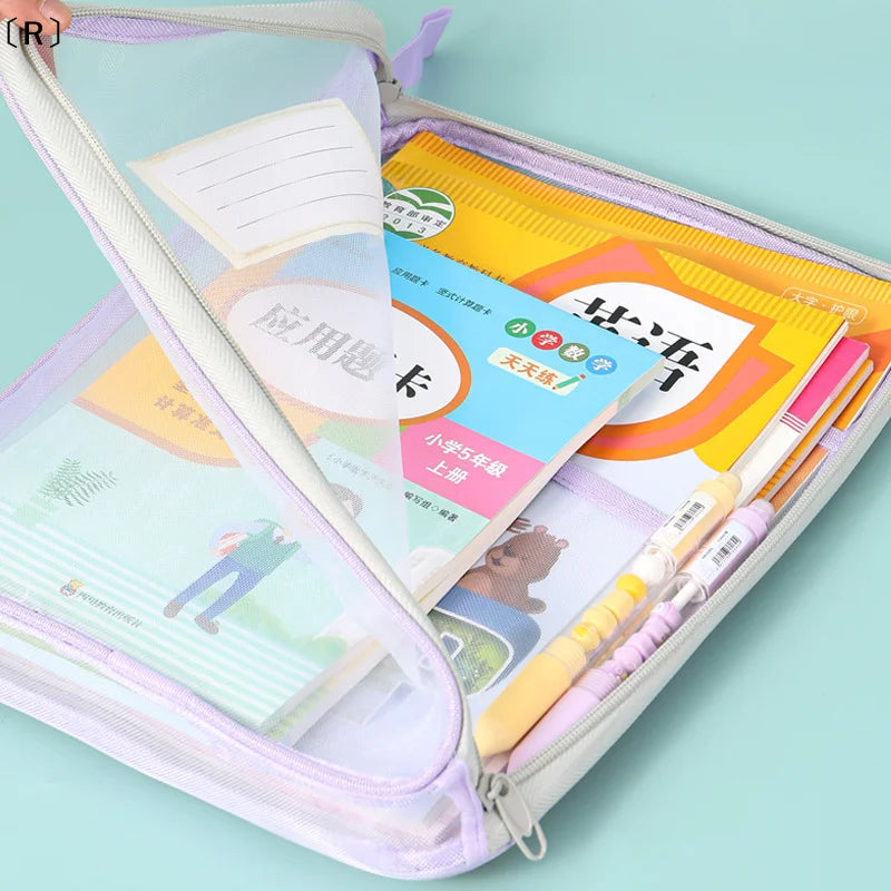 〔R〕A4 Stationery Storage Bag Double-layer Mesh Zipper Bag Large Capacity Organizer Folders School Office Supplies Stationary Bag