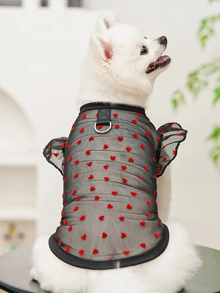 Thin Cooling Dog Vest Heart Flying Sleeves Dog Summer Clothes with D-Ring Chihuahua Bichon Girl Shirt Cat Vests Dog Mesh T Shirt