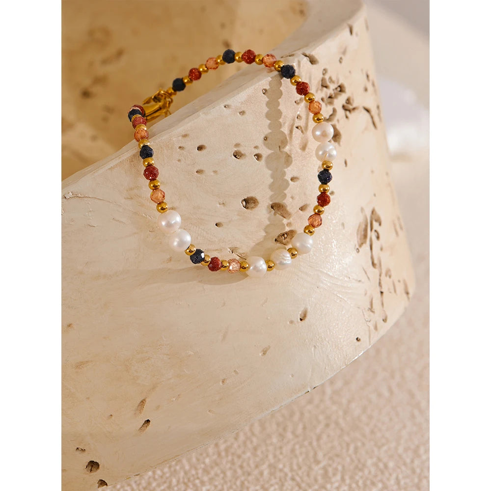 Yhpup Natural Stone Freshwater Pearl  Bead Chain Bling Bracelet Bangle Stainless Steel Handmade Fashion Waterproof Jewelry Women
