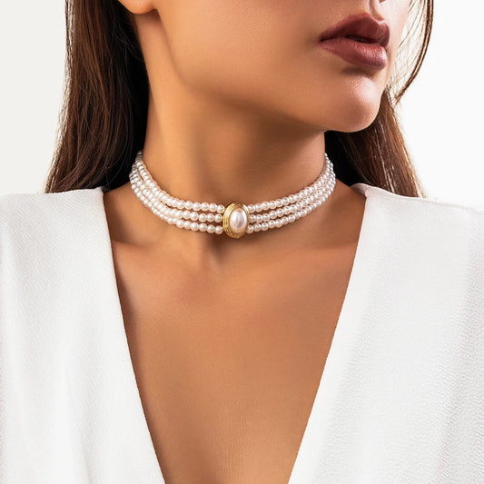 Lacteo Simple Natural Stone Beads Necklace Multilayer Imitation Pearl Choker Women Short Strand Neck Chain Collar Jewelry Gift
