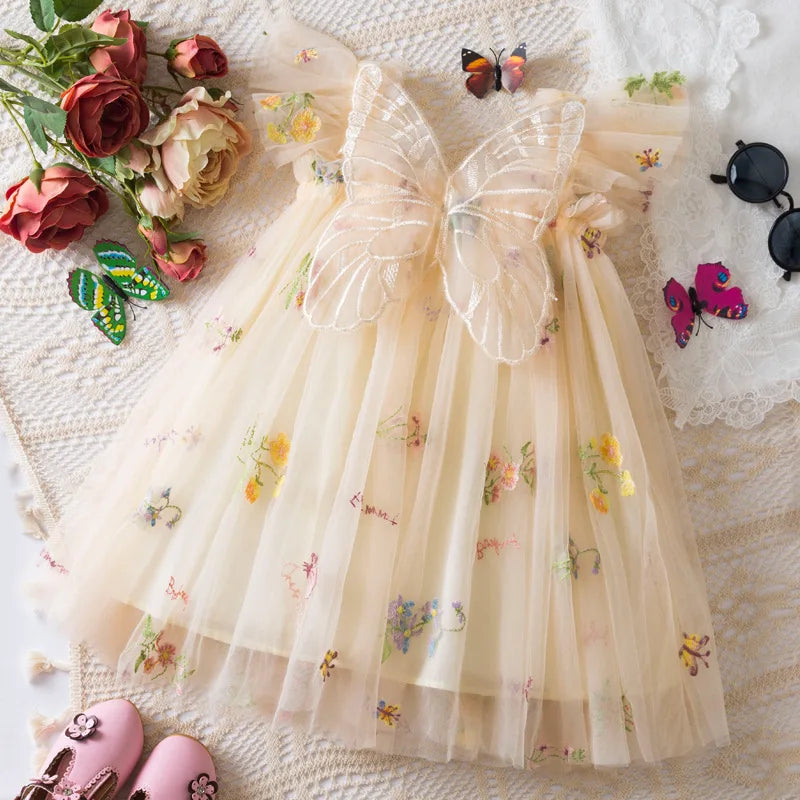 Summer Baby Girl Butterfly Wing Princess Dress Floral Embroidery Sleeveless Gauze Dress Girl Wedding Party Costume Nine Colors