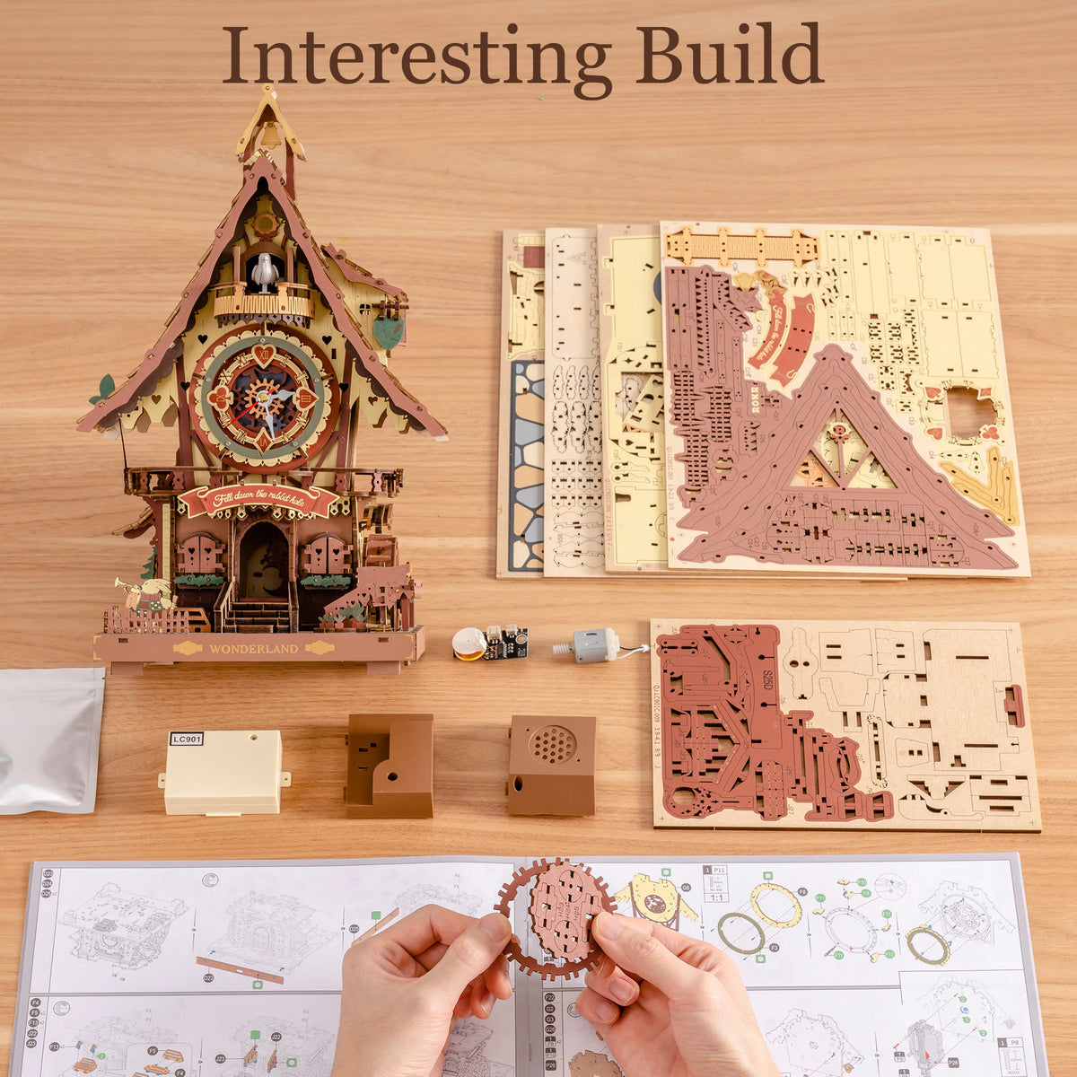 ROKR Wooden 3D Puzzle Cuckoo Clock Mechanical Model Building Kit 435 Pieces DIY Craft Kit with 2 Light for Home Decor Brain Teasers Jigsaw Toys for Adults Teens