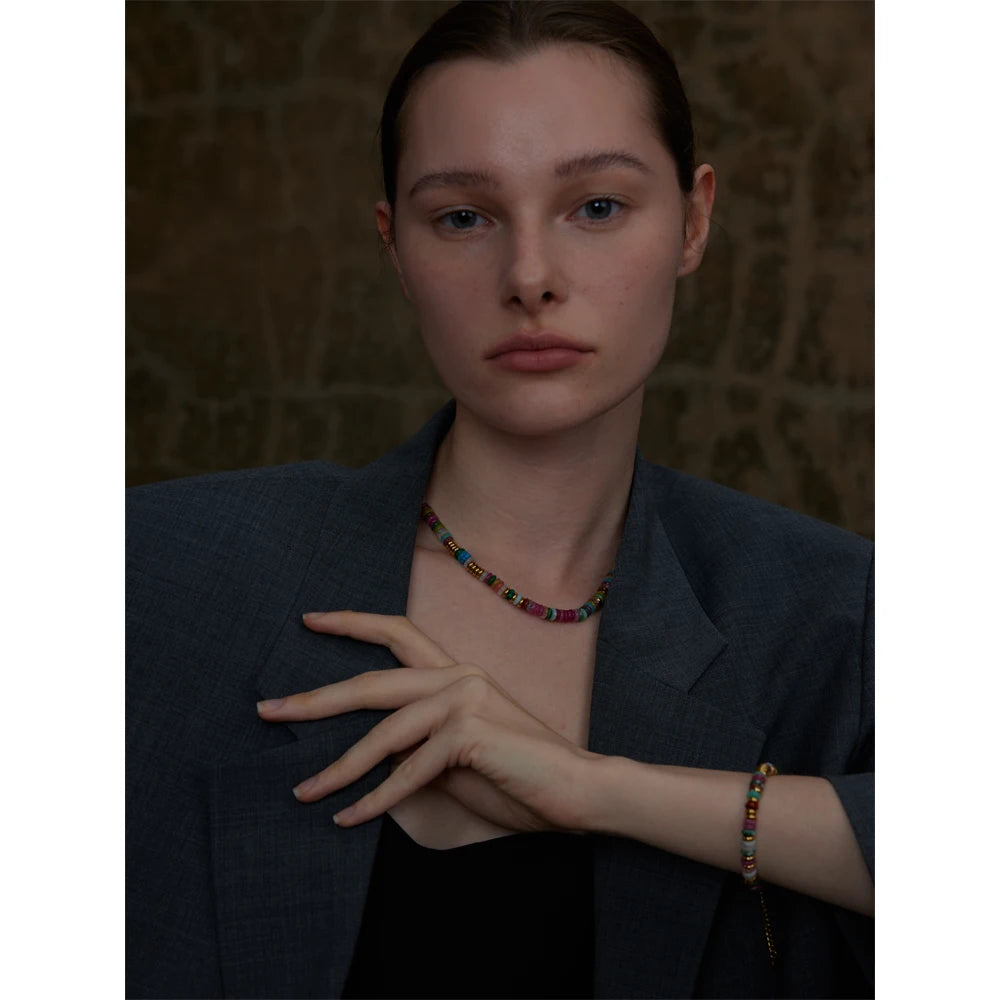 Yhpup Colorful Natural Stone Beads Handmade Chain Y2K Fashion Necklace for Women Stainless Steel Waterproof Collar Jewelry Gift