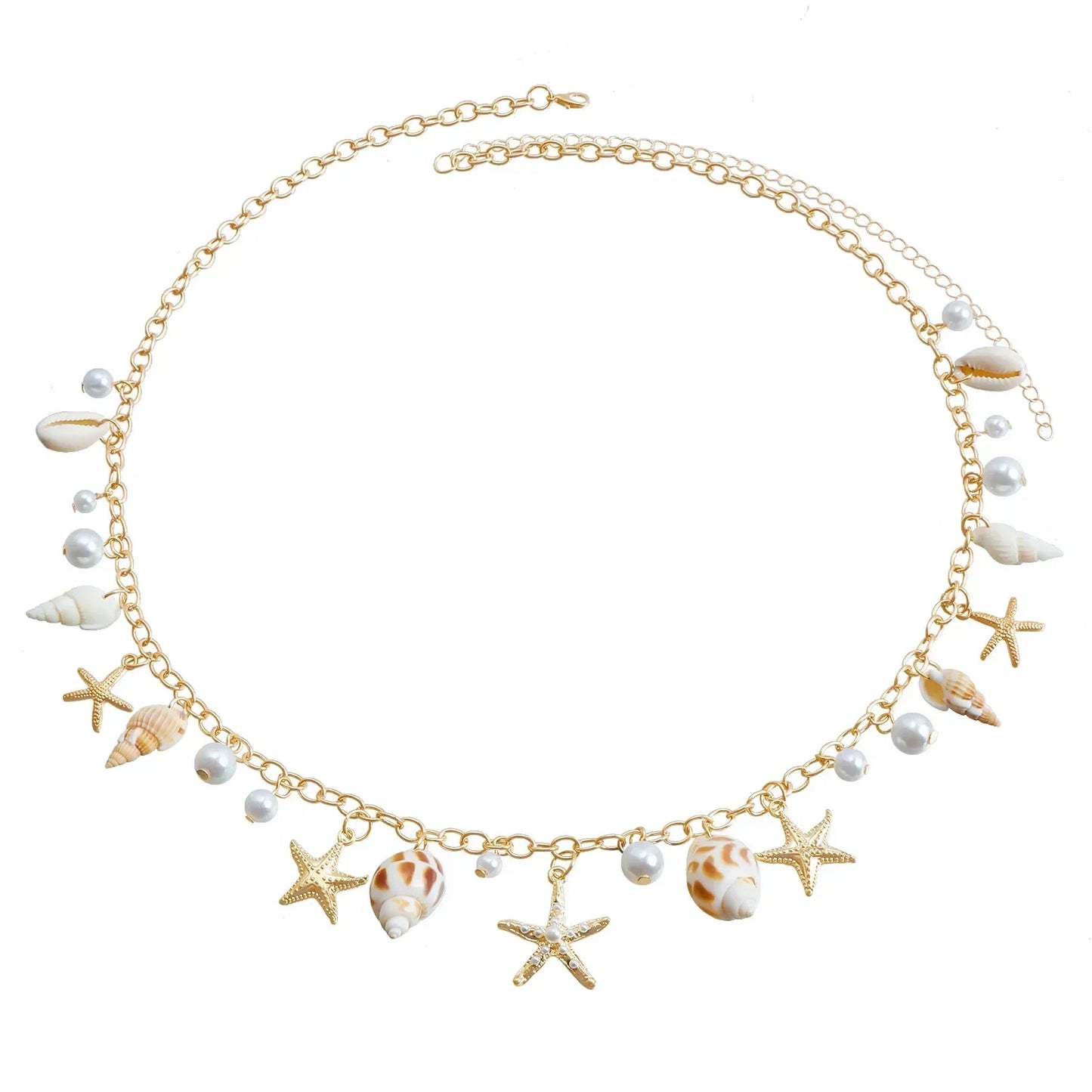 Fashion Natural Shell Conch Sea Star Imitation Pearl Tassel Pendant Waist Chain for Women Sexy Boho Summer Chain Belt Necklace