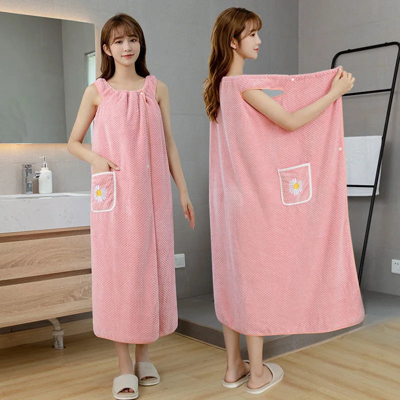 Women Wearable Bath Wrap Towel Absorbent Polyester Long Washable Bathroom Bathrobe