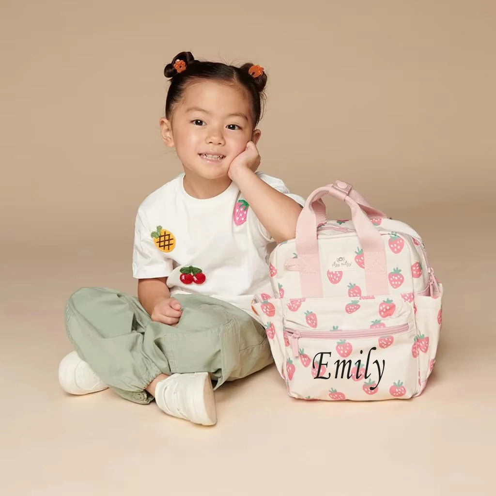 New Summer Cartoon Kindergarten Baby Backpack Embroidered Strawberries Fresh Color Contrasting Backpack