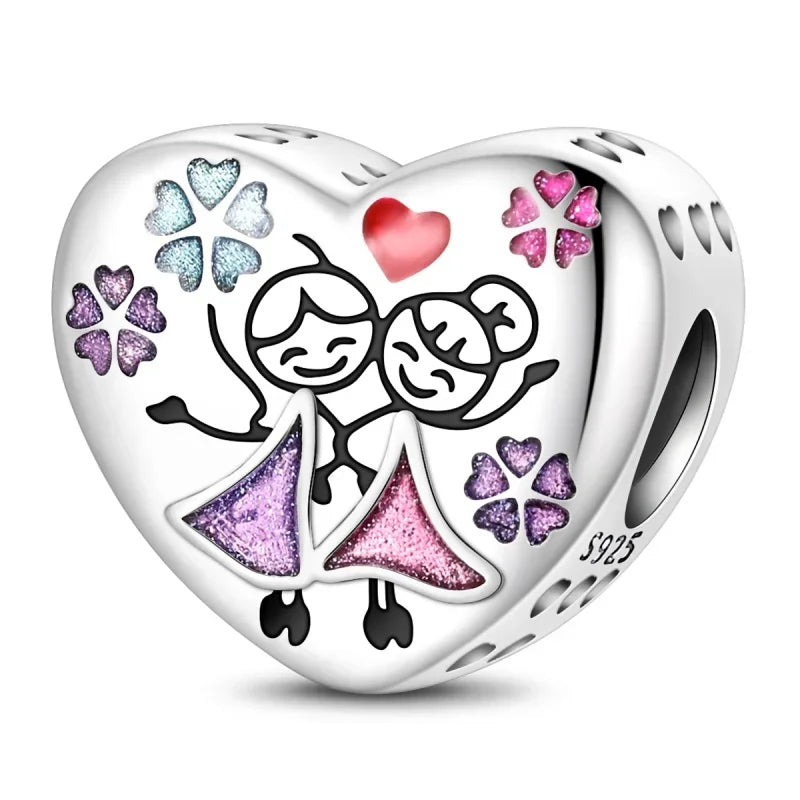 925 Silver Family Series Mother Daughter Splittable Heart Mom Charm Beads Fit Necklace Bracelet Mother's Day DIY Jewellery Gifts