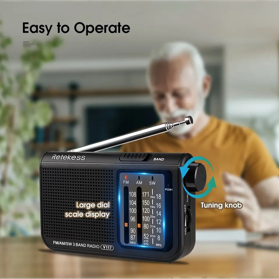 Retekess V117 Analog AM FM Radios ABS Material Shortwave Radio with Telescopic Antenna Large Knobs Ideal for Indoor and Senior