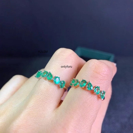 Natural Green Emerald Gem Ring S925 Silver Natural Gemstone Ring Elegant Wide Hollowing Grid Girl Women Party Gift Jewelry