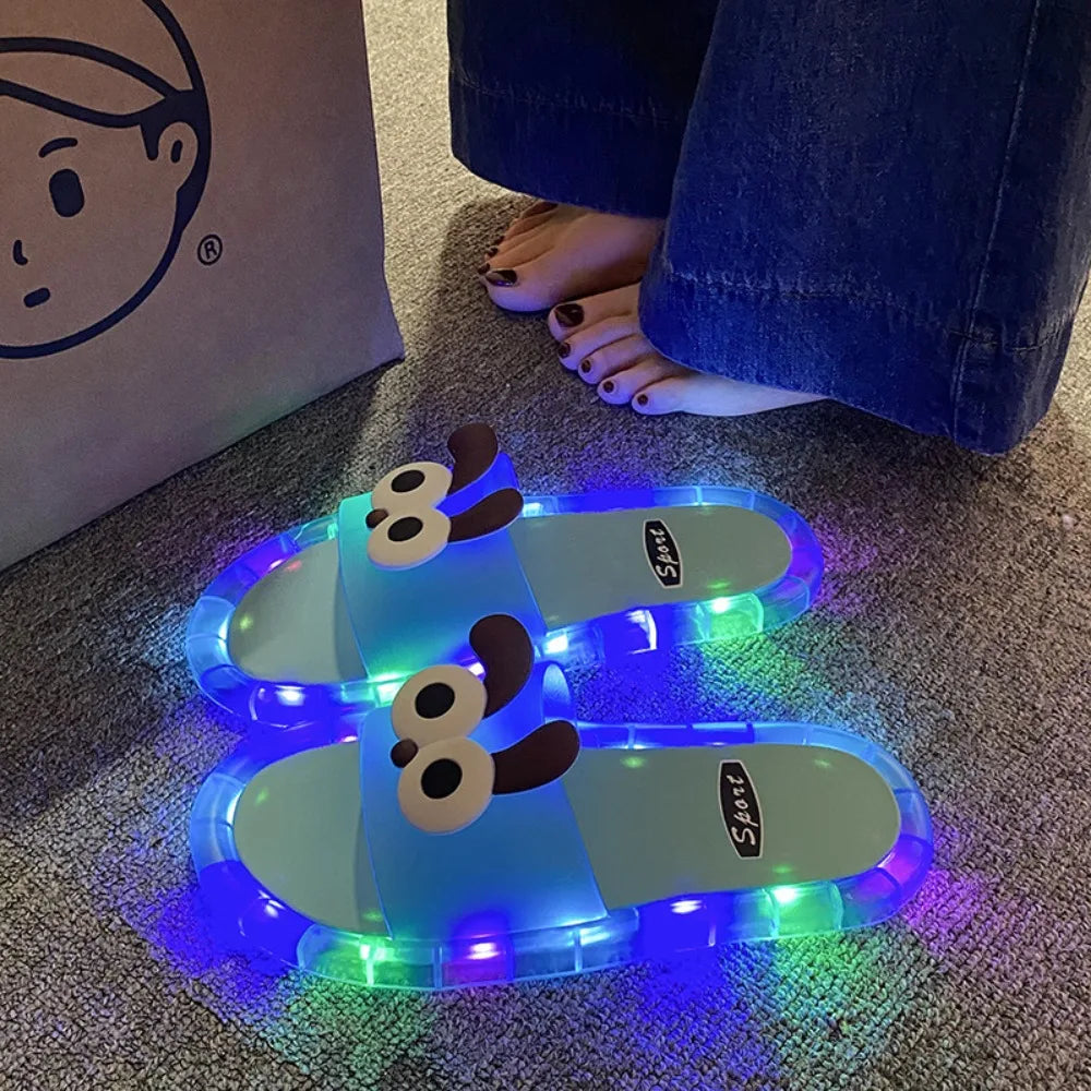New PVC LED Light Up Slippers Non Slip Open Toe Light Up Sandals Cartoon Puppy Luminous Sandals Beach