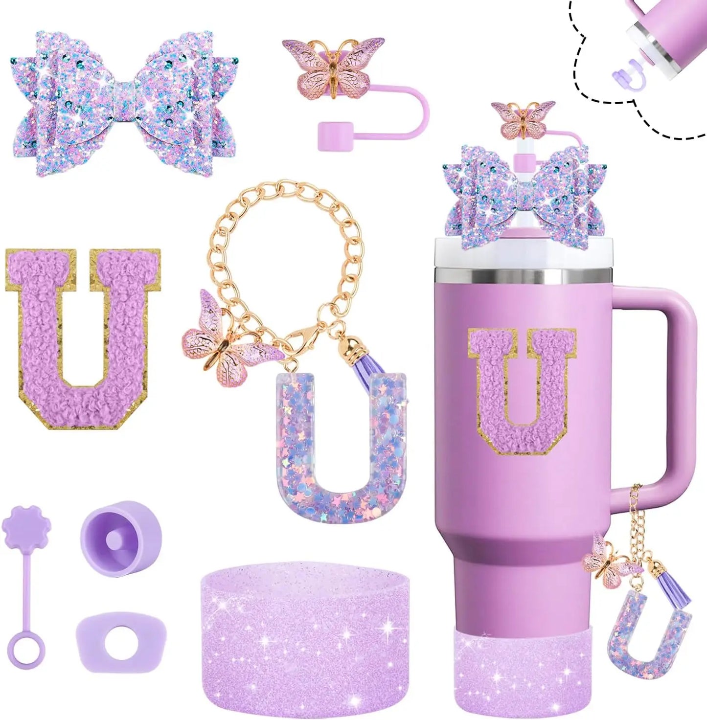 8pcs Cup Accessories Set 30oz 40oz tumbler Straw Topper Cover, Boot, Spill Proof Stoppers, Handle Charms Sticker for Stanley Cup