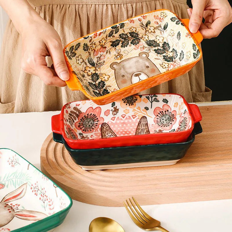 YWDL Ceramic Bakeware With Handle Forest Animals Baking Pan  Underglaze  Kitchen Tableware Salad Bowl Au Gratin Dishes