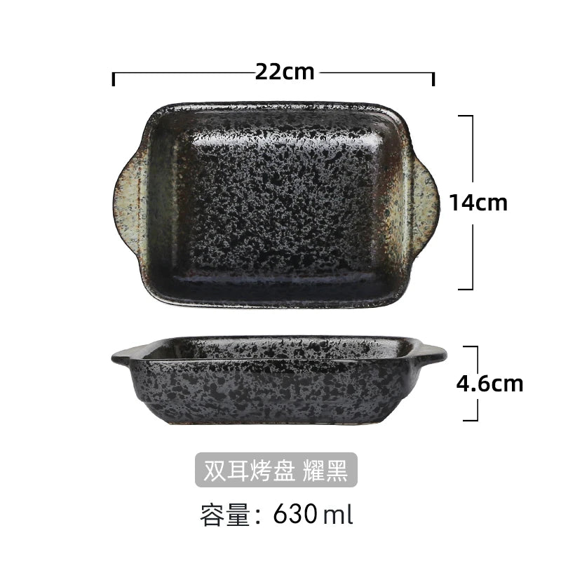 Japanese Tableware Binaural Baking Tray Ceramic Cheese Baked Rice Baking Bowl Oven Special Utensils with Tray Rectangular Plate