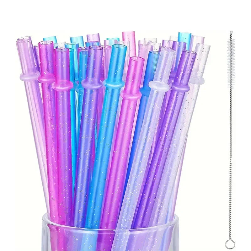 Reusable Clear Plastic Glitter Straws Extra Long Tumbler Straws for Cups with Cleaning Brush Drinking Straws for Tumbler Party