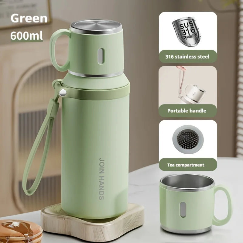 316 Stainless Steel Insulated Water Bottle with Cup Portable Vacuum Flask for Outdoor Activities Handheld Tumbler Keep 24Hr Cold