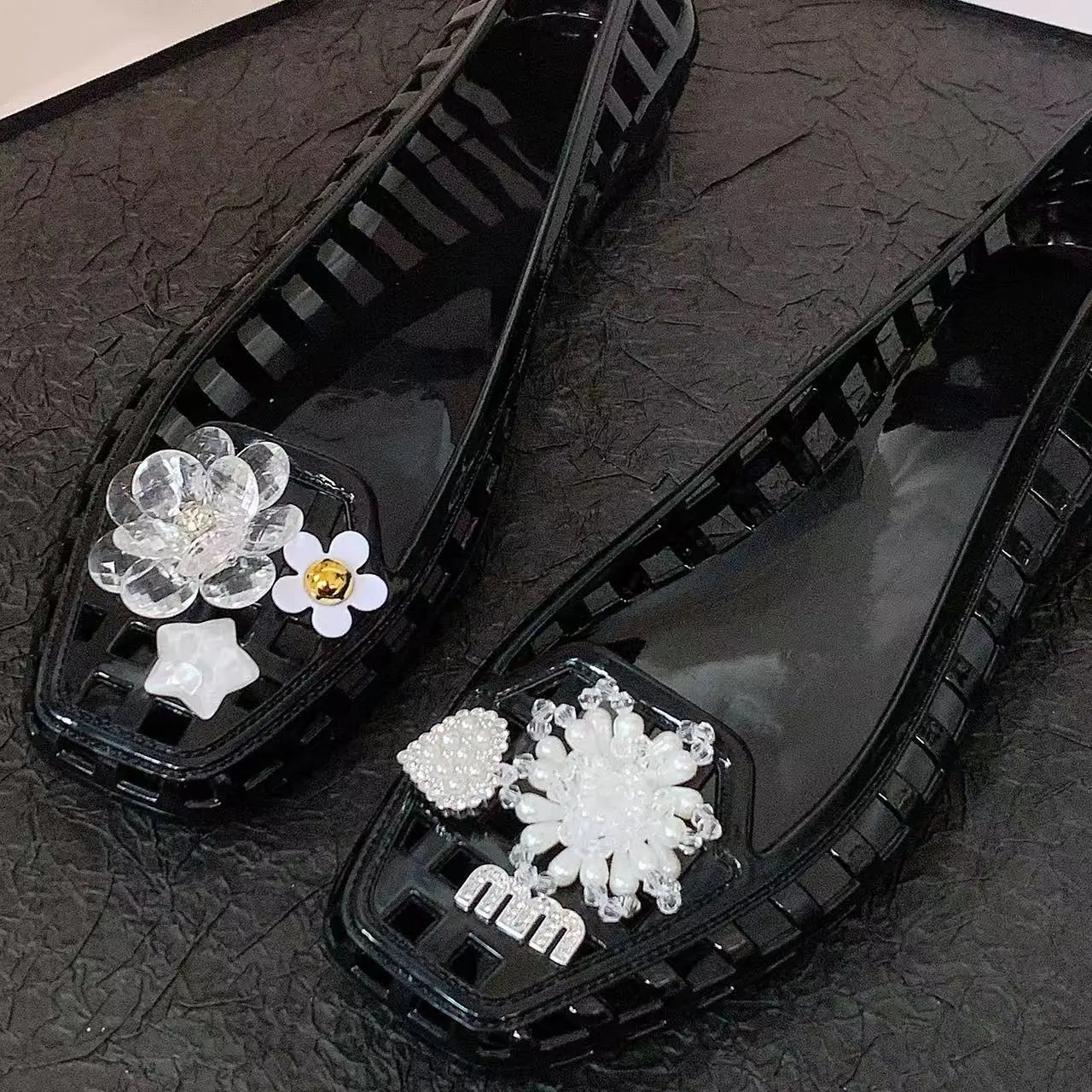 Women's Jelly Crystal Slippers, Square-Toe Women's Shoes, Crystal Flower Set Accessories, Crystal Clogs, Sandals, Jelly Shoes, Slip-On Slippers