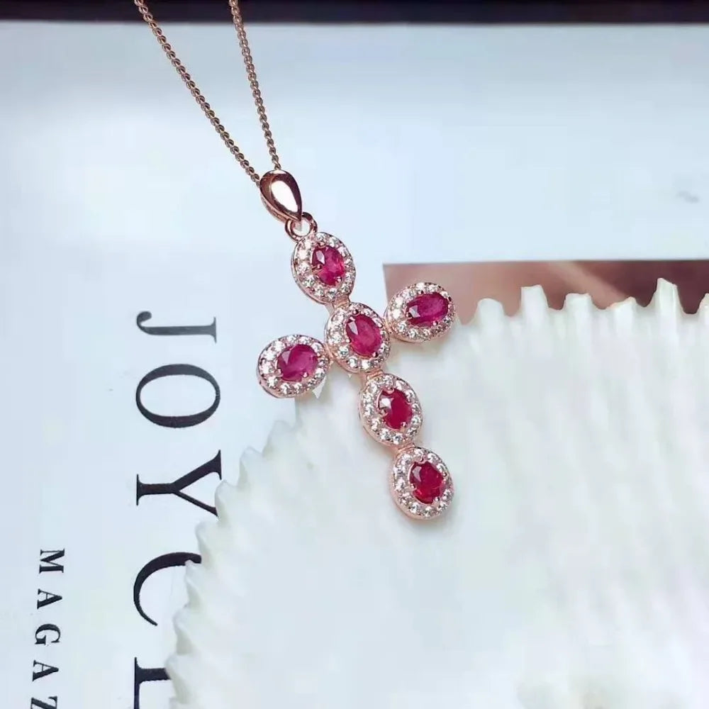 FS 3*4 Natural Ruby/Emerald/Sapphire/Citrine Cross Pendants S925 Sterling Silver Fine Fashion Charm Weddings Jewelry for Women