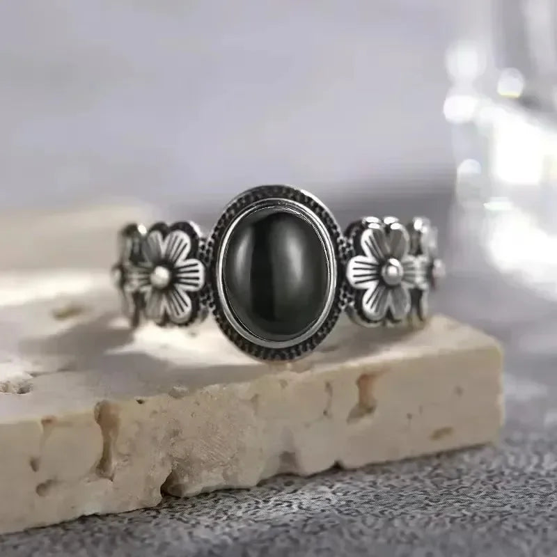 Vintage S925 Sterling Silver Rose Flower Ring With Oval 8*10mm Natural Moonstone Sweet Ring Fine Jewelry For Woman