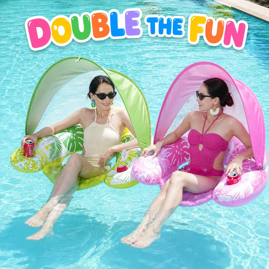 Inflatable Pool Floats Chair with Canopy, Adult Swimming Pool Lounger, Sun Shade Floating Raft Cup Holder for Beach Lake Summer