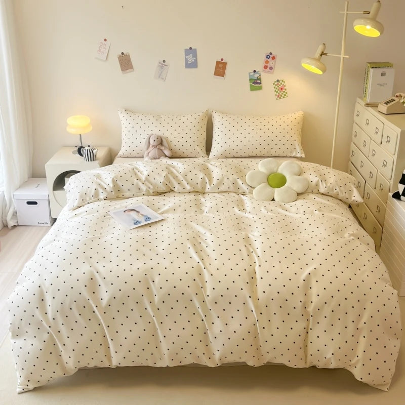3pcs Satin Duvet cover set (1*Duvet Cover + 2*Pillowcase, Without Core), Black dot print Bedding Set, Soft Comfortable