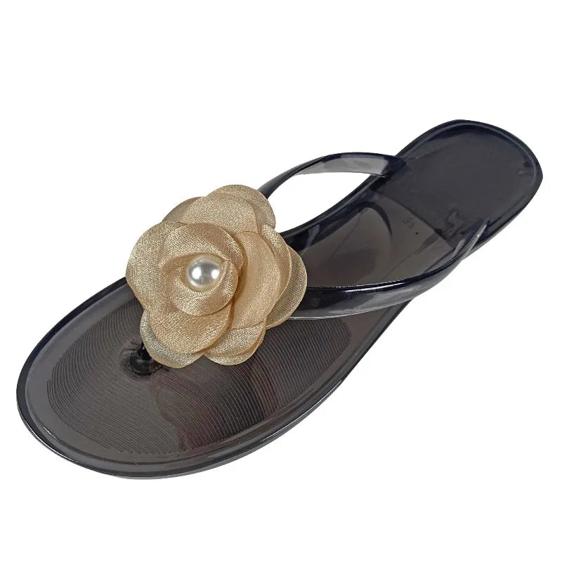 Summer Jelly-colored Women Flip-flop Sandals Women PVC Flower Non-slip Flat Soft Sole Beach Vacation Shoes Lady Bathroom Slipper
