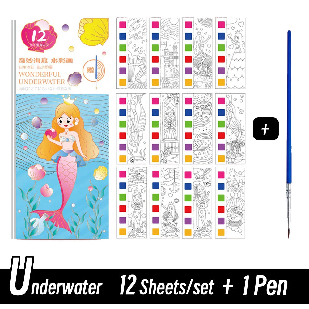 12 Sheets/Set Portable Watercolor Painting Paper Coloring Book With Paint Brush Filling Kids Graffiti Picture Drawing for Kids