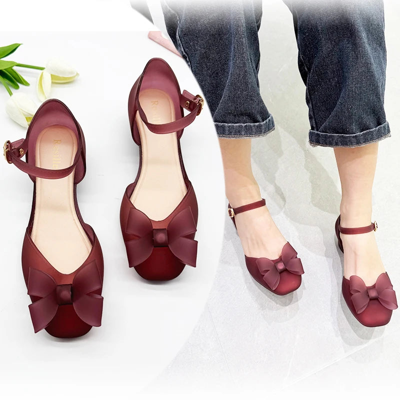 Resillee Women Mary Jane Jelly Shoes With Bow Decor Ankle Strap Waterproof PVC Flat Sandals Casual Anti-slip Beach Rain Shoes