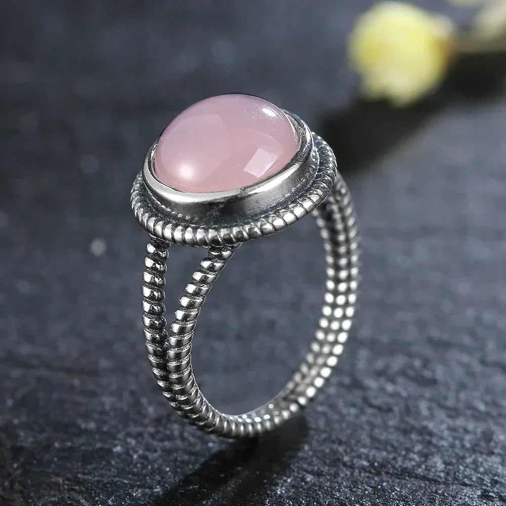 S925 Sterling SilverRing for Women Oval Round Natural Rose Quartz Ring Gift Sun Shaped Retro Luxury Fashion Fine Jewelry