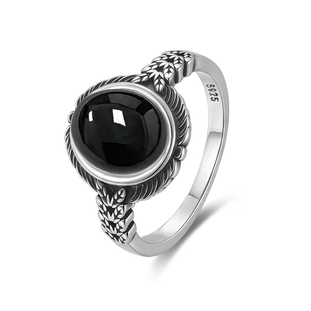 Vintage S925 Sterling Silver Natural Blakc Onyx Ring Oval 8*10MM Simple Black Twists Ring Party Gifts Fine Jewelry For Women Men
