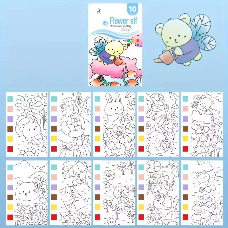 Kids Watercolor Painting Book - Washable Gouache Doodle Coloring Book Painting Paper with Built-in Paints