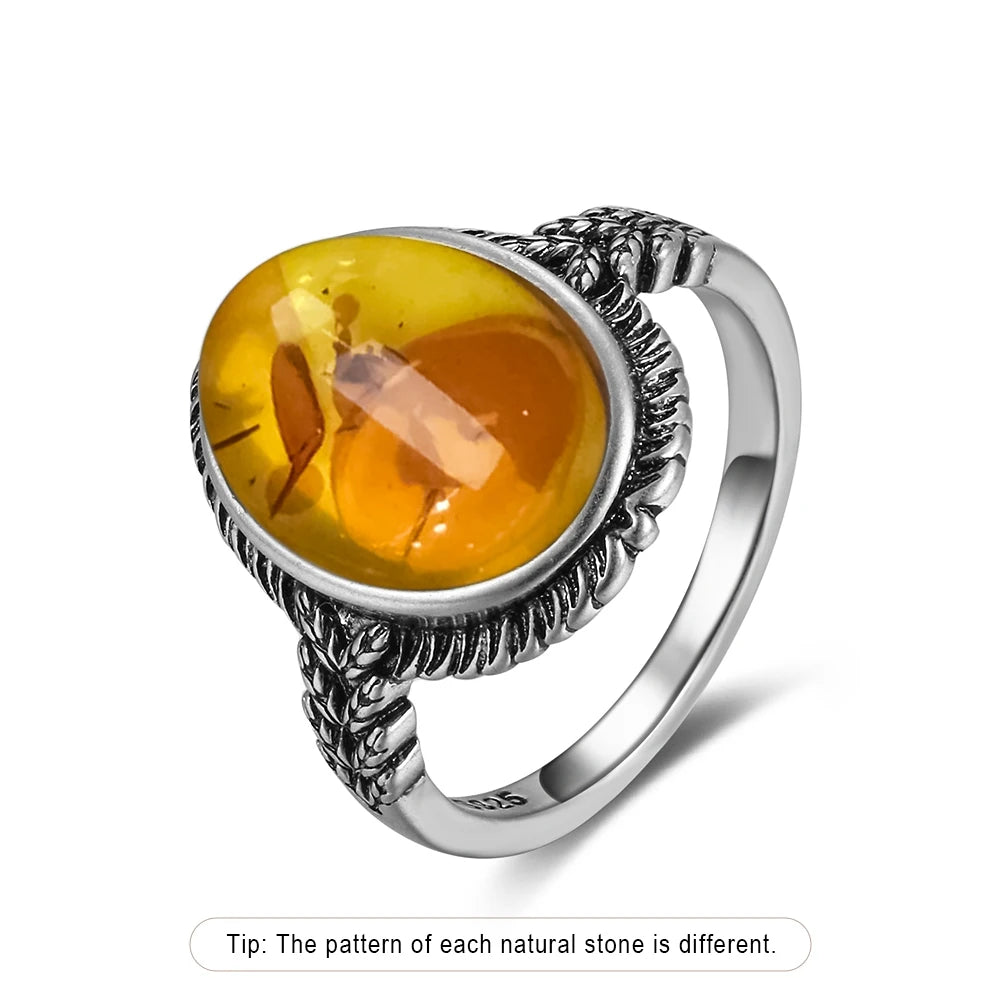 Certified Sterling Silver 925 Petal Amber Ring with Yellow Oval Natural Stone Ring Flower Jewelry Vintage Rings for Women Men