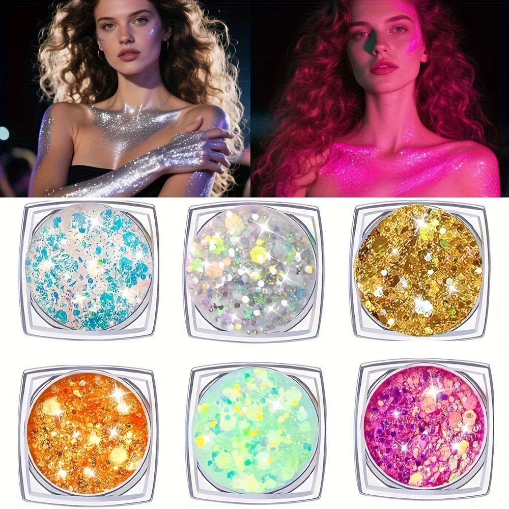 6pcs Glow in The Dark Glitter Gel Water-Based Chunky Glitter for Mardi Gras Christmas Carnival Rave Festival Outfits