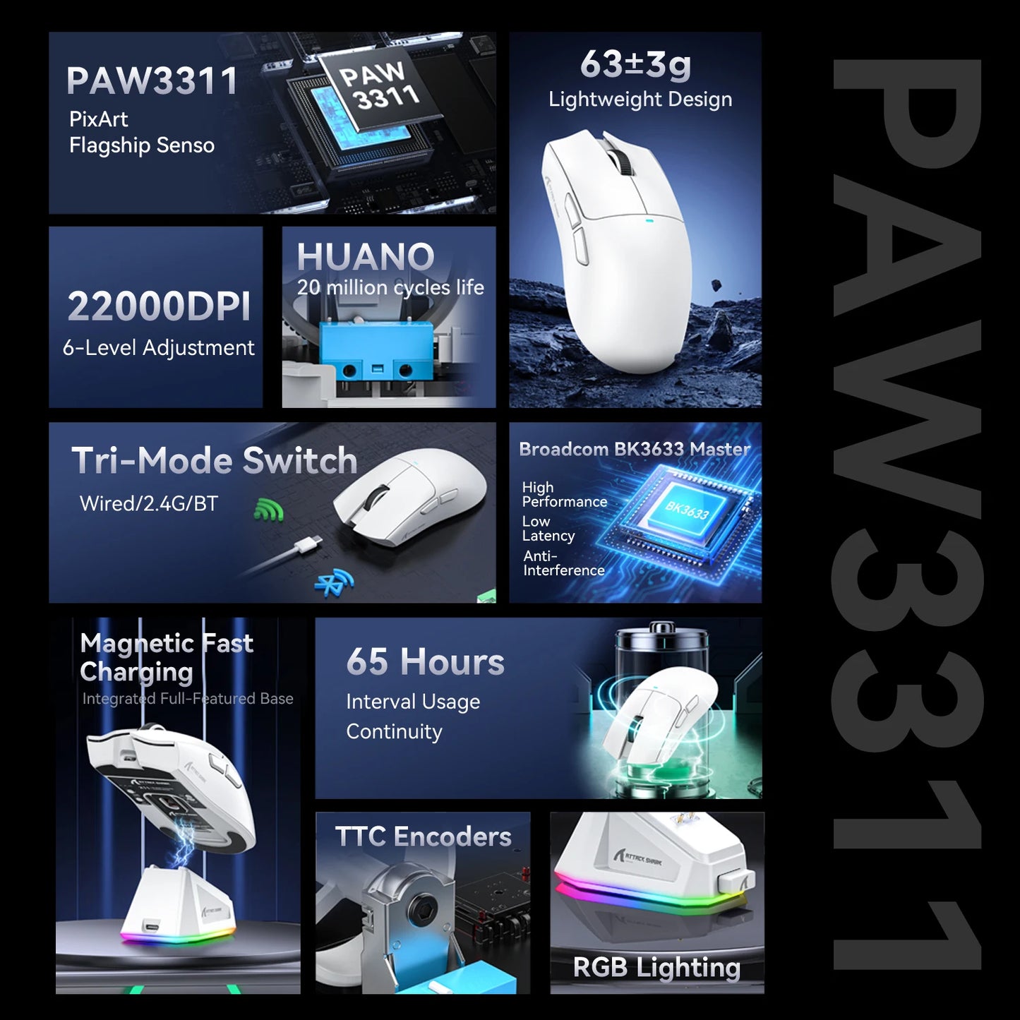 ATTACK SHARK X11 PAW3311 optical sensor,maximum resolution of 22K DPI acceleration up to 40G,edge in competitive gaming