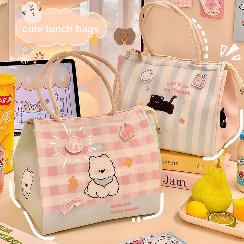 Cute Cat Thermal Lunch Bag For Women Girls Kawaii Portable Insulated Lunch Box Bag Bento Pouch Food Storage Bags For Kids Adults