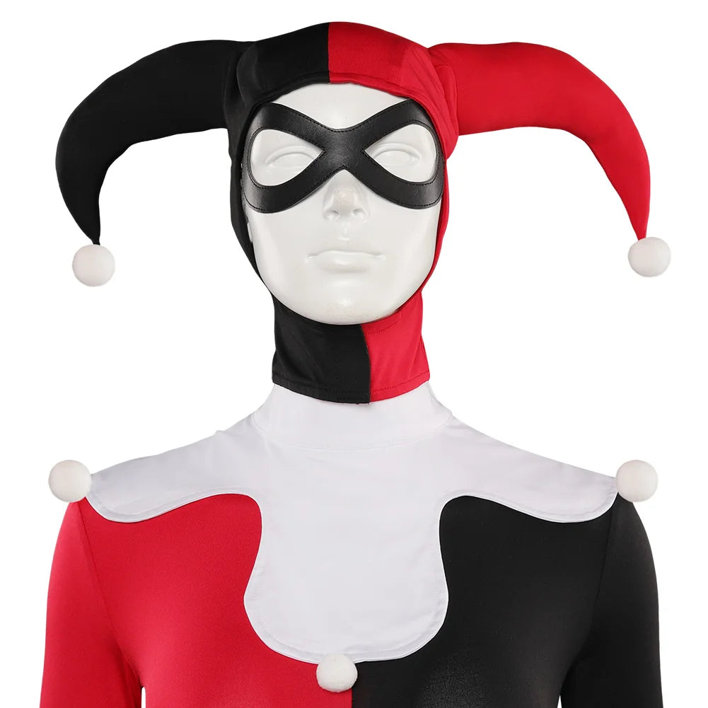 Female Quinzel Cosplay Jumpsuit Mask Costume Outfits For Adult Women Girls Halloween Carnival Suit Role Play Disguise Bodysuit
