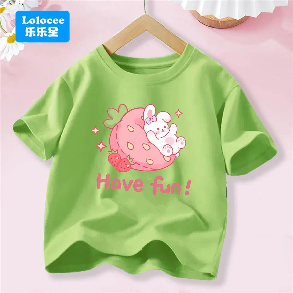 3-14T Kid Clothes Summer Cotton T Shirt Short Sleeve Top Beauty Tulip Flower and Rabbit Print Tee Childrens Candy Color Tshirt
