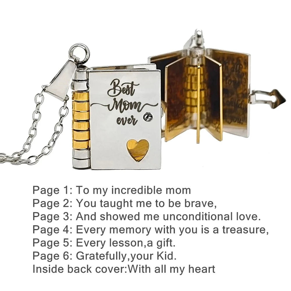 Mother’s Day Gift Best Mom Ever Book Necklace Stainless Steel Engraved Book Locket Necklaces Women Daughter Present for Mom