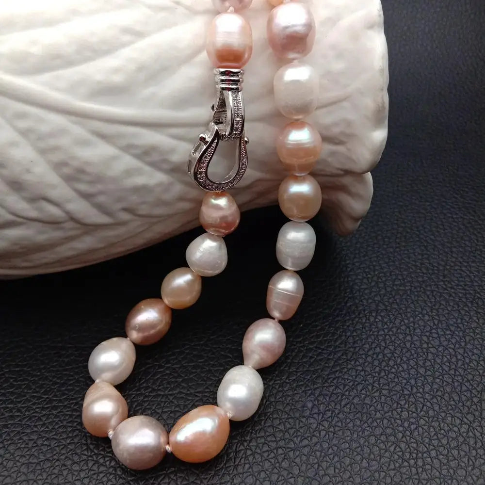 YYGEM natural Freshwater Pearl Pink Purple White Rice Pearl Choker Necklace cz pave clasp  For Women Girl Jewelry Gift