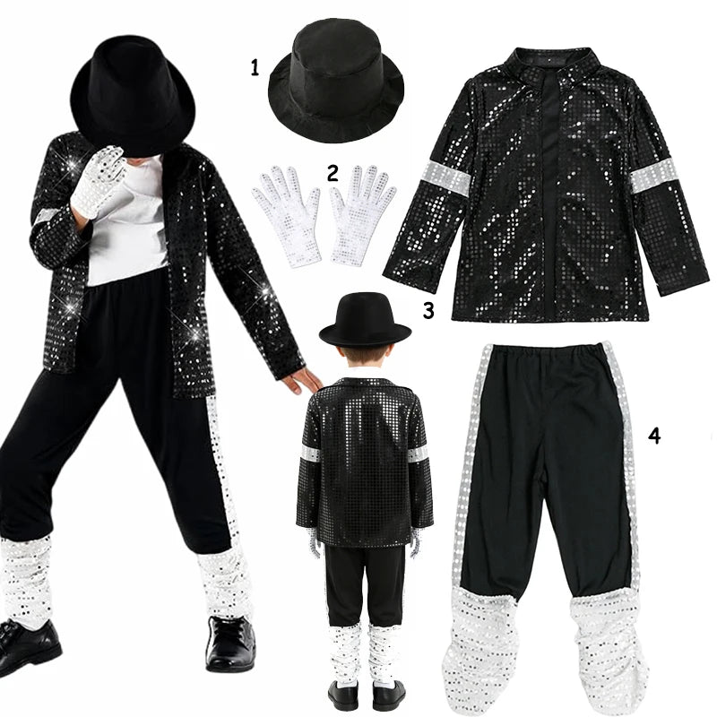 Kids 80s 90s Hip Hop Cosplay 5pcs Costume Boys Superstar Singer Outfit Halloween Carnival Stage Dance Cosplay Party Wear