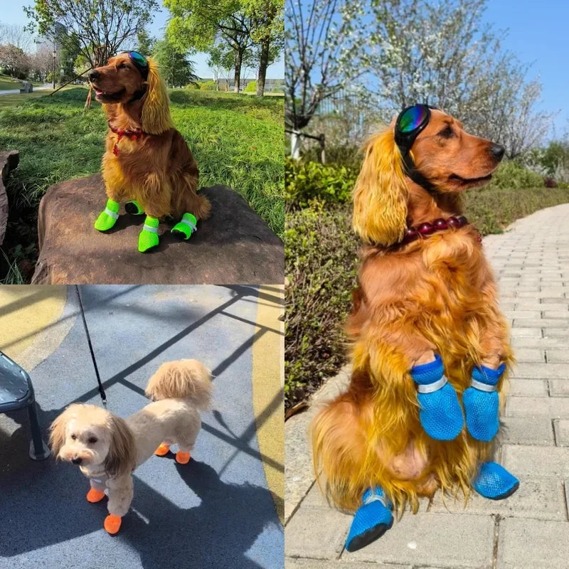 4Pcs Summer Cooling Dog Boots for Night Walks Breathable Mesh Dog Shoes with Reflective Straps & Soft Sole for Paw Protection