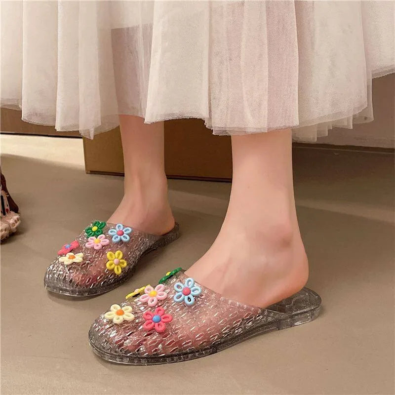 Fashion Women Jelly Slides Sandals Crystal Transparent Beach Slippers Flower Charm Flat Half Shoes Summer Outdoor Casual Sandal