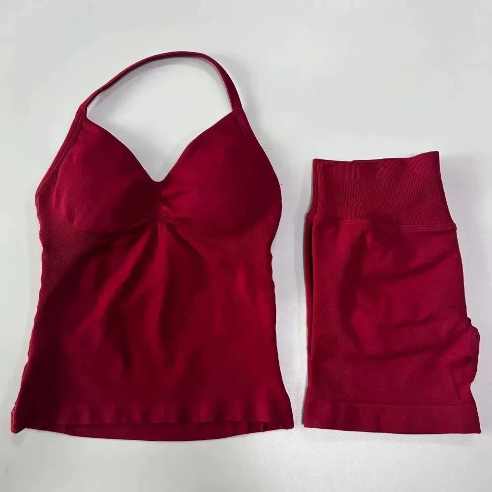 Sexy Halter Neck Beautiful Back High Waist Peach Sports Bras Shorts Suit Pilates Gathering Yoga Vest Training Fitness Bra Sets