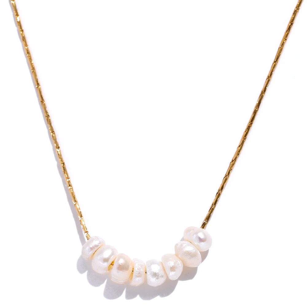 Yhpup Tarnish Free Natural Pearl Beads Chic Exquisite Necklace Thin Chain Stainless Steel Minimalist Charm Collar Jewelry Women