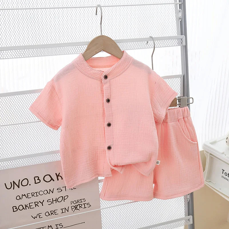 1Set Summer Boys Girls Clothing Sets Solid Pure Cotton T-shirts+Elasctic Shorts Kids Clothes Children Casual Clothing Sets