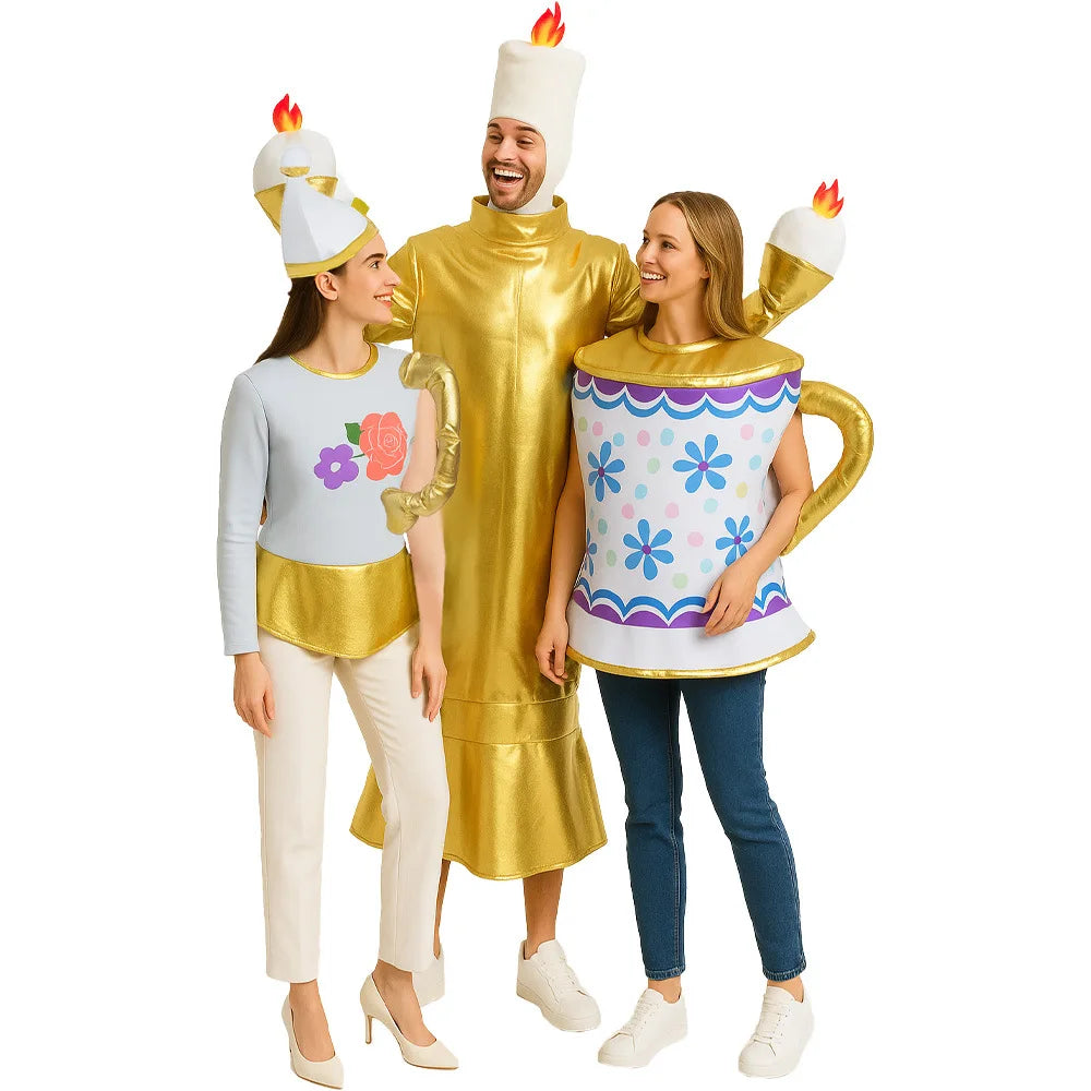 Adult Unisex Funny Couple Beauty Beast Roleplay Outfit Lumiere Adults Candelabra Halloween Fancy Dress Women Mrs Potts Costumes